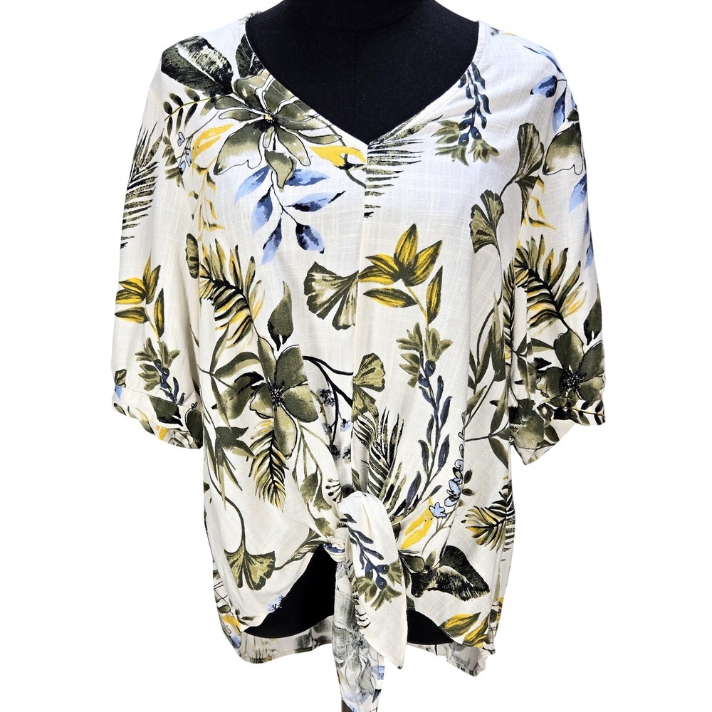 Women's HAVER. London Large Floral Front Tie Linen Blend Tropical‎ Blouse Resort